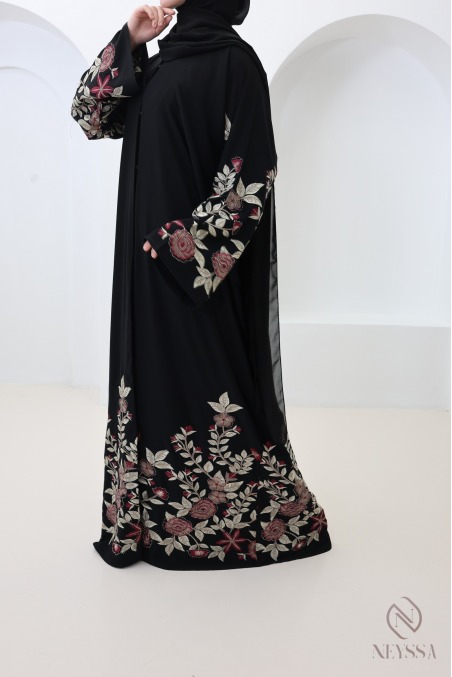 Black Dubai kimono abaya with floral embroidery, rhinestones for Eid