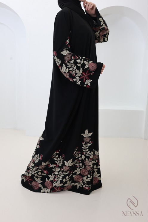 Abaya Dubaï kimono noir avec broderie florale et strass pour l'Aïd
