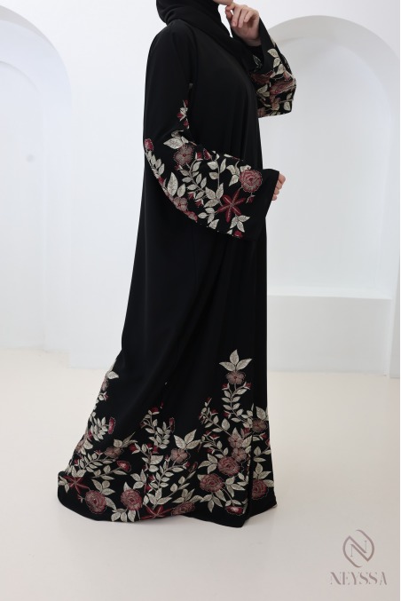 Schwarzer Kimono-Abaya aus Dubai mit Blumenstickerei und Strass Eid