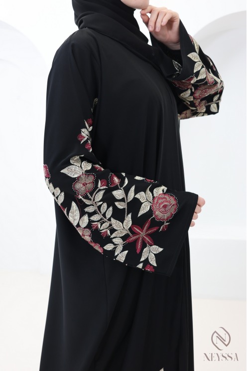 Black Dubai kimono abaya with floral embroidery, rhinestones for Eid