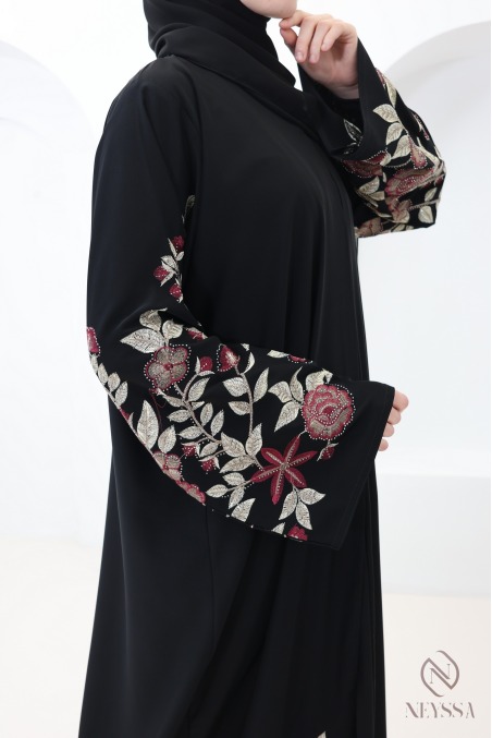 Abaya Dubaï kimono noir avec broderie florale et strass pour l'Aïd