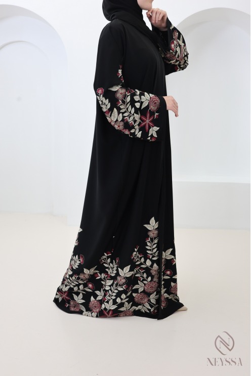 Black Dubai kimono abaya with floral embroidery, rhinestones for Eid