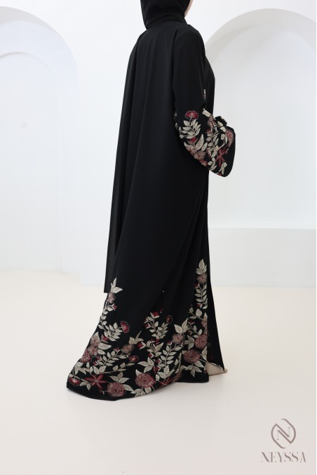 Abaya Dubaï kimono noir avec broderie florale et strass pour l'Aïd