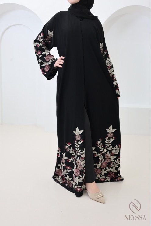 Abaya Dubaï kimono noir avec broderie florale et strass pour l'Aïd
