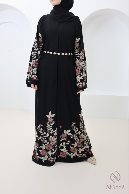 Schwarzer Kimono-Abaya aus Dubai mit Blumenstickerei und Strass Eid