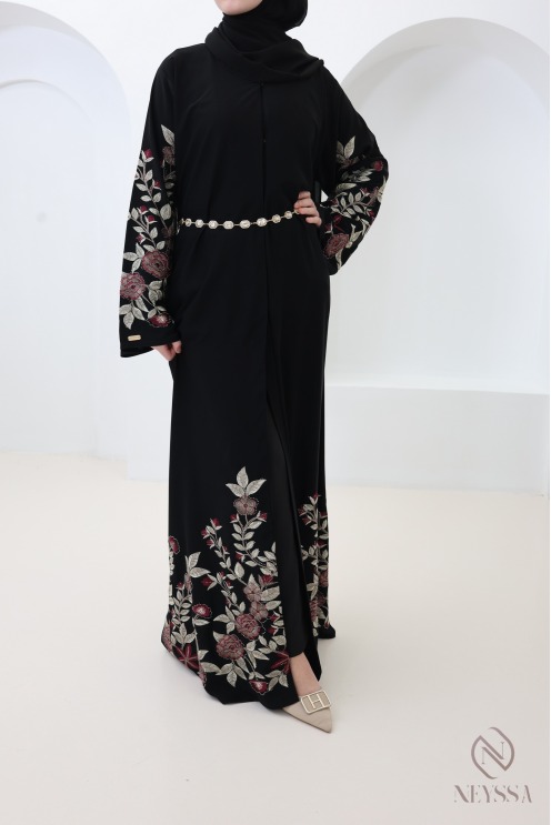 Schwarzer Kimono-Abaya aus Dubai mit Blumenstickerei und Strass Eid