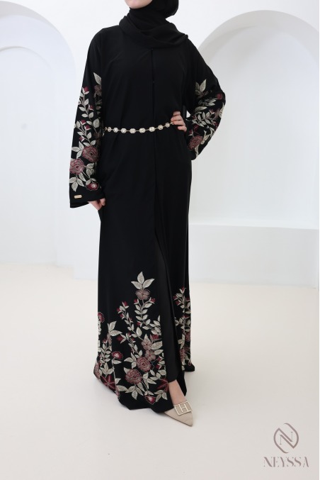 Schwarzer Kimono-Abaya aus Dubai mit Blumenstickerei und Strass Eid