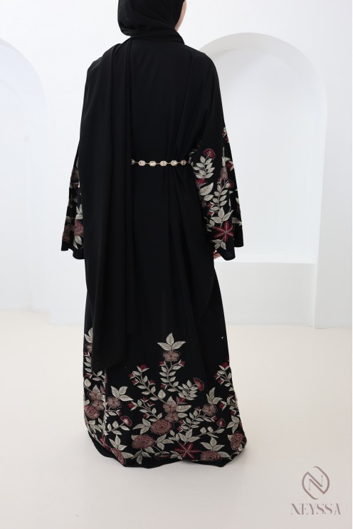 Schwarzer Kimono-Abaya aus Dubai mit Blumenstickerei und Strass Eid