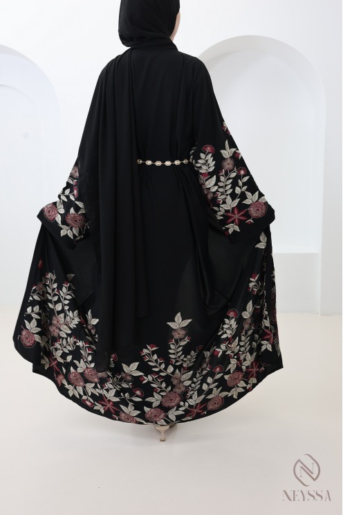 Black Dubai kimono abaya with floral embroidery, rhinestones for Eid
