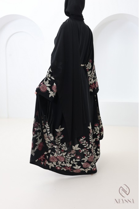 Schwarzer Kimono-Abaya aus Dubai mit Blumenstickerei und Strass Eid