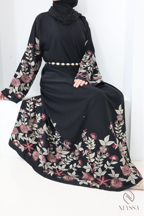 Abaya Dubaï kimono noir avec broderie florale et strass pour l'Aïd