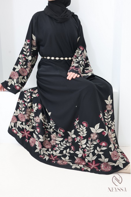 Abaya Dubaï kimono noir avec broderie florale et strass pour l'Aïd