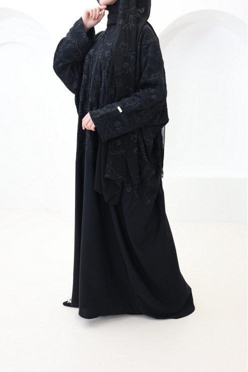 Abaya Dubai black long butterfly cut outfit Eid hijabi