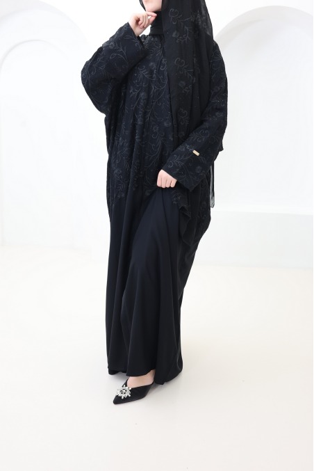 Abaya Dubai schwarz lang Schmetterlingsschnitt Eid Hijabi Outfit