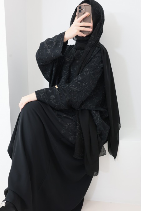 Abaya Dubai black long butterfly cut outfit Eid hijabi