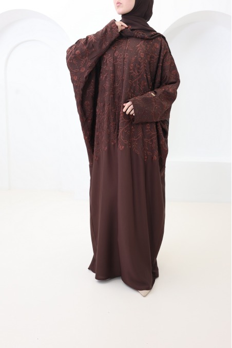 Chocolate butterfly-cut Dubai abaya kimono with embroidery