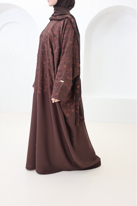 Chocolate butterfly-cut Dubai abaya kimono with embroidery
