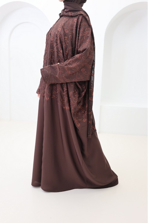 Chocolate butterfly-cut Dubai abaya kimono with embroidery