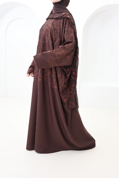 Abaya kimono Dubaï coupe papillon chocolat avec broderie et strass