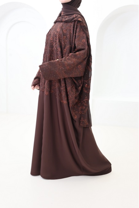 Chocolate butterfly-cut Dubai abaya kimono with embroidery