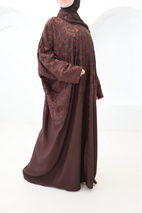 Chocolate butterfly-cut Dubai abaya kimono with embroidery