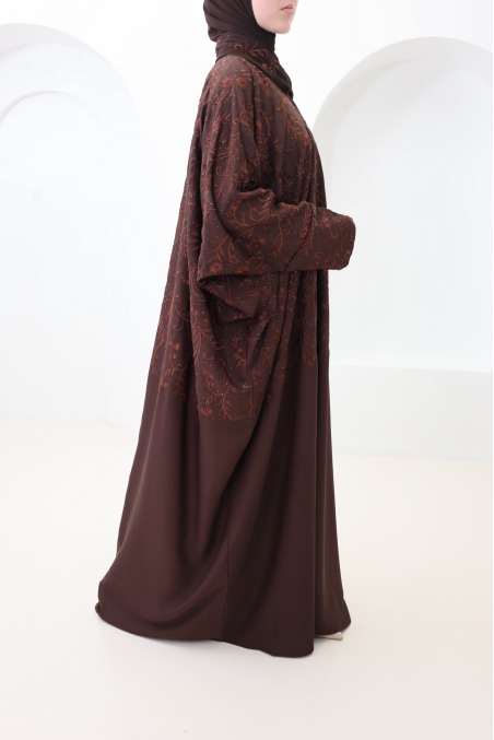 Chocolate butterfly-cut Dubai abaya kimono with embroidery