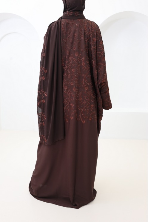 Chocolate butterfly-cut Dubai abaya kimono with embroidery