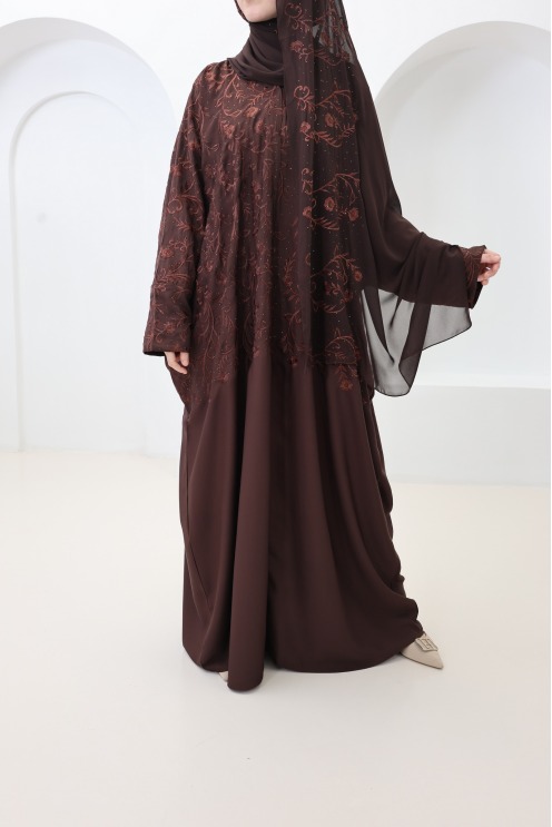 Chocolate butterfly-cut Dubai abaya kimono with embroidery