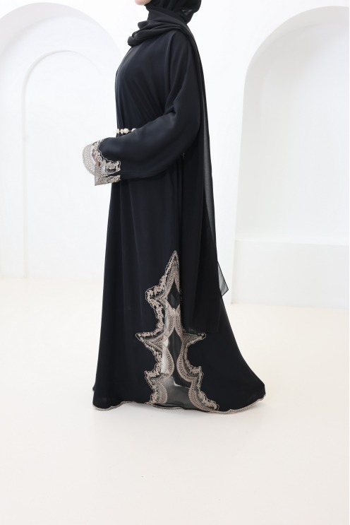 Abaya Dubaï kimono dentelles avec boutons de pression noir et bronze