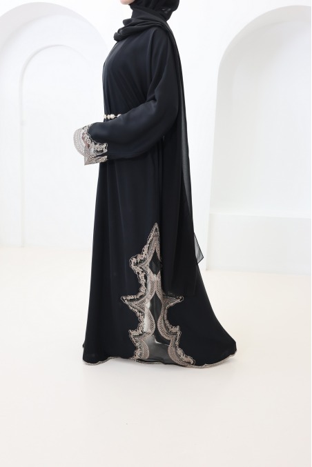 Abaya Dubaï kimono dentelles avec boutons de pression noir et bronze