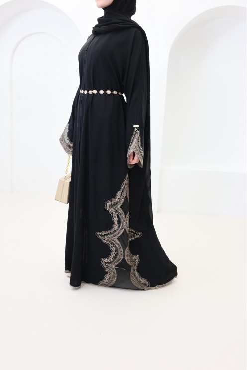 Abaya Dubaï kimono dentelles avec boutons de pression noir et bronze