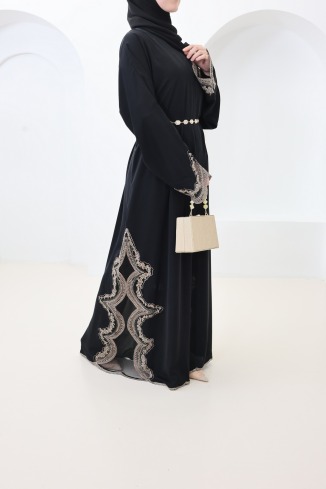 Dubai kimono abaya with black and bronze lace and snap buttons