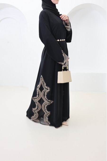 Abaya Dubaï kimono dentelles avec boutons de pression noir et bronze