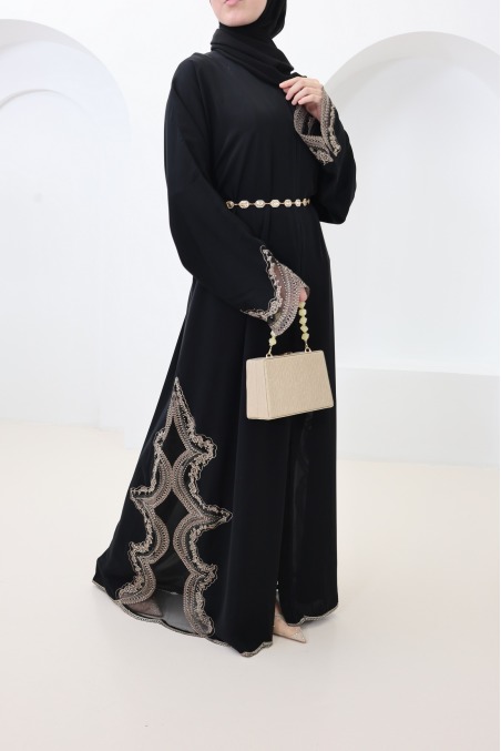 Dubai kimono abaya with black and bronze lace and snap buttons