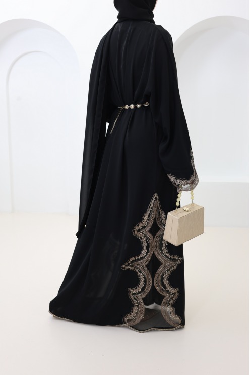 Dubai kimono abaya with black and bronze lace and snap buttons