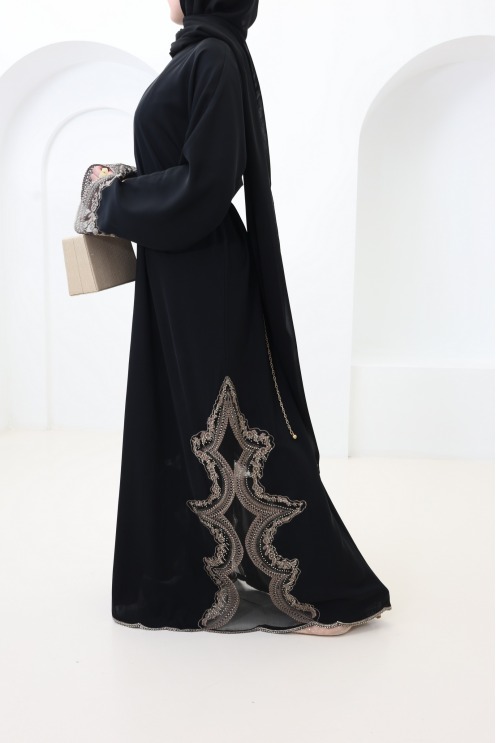 Dubai kimono abaya with black and bronze lace and snap buttons