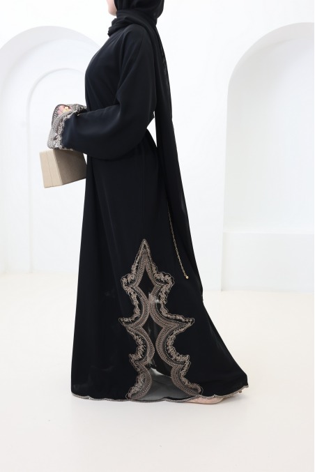 Abaya Dubaï kimono dentelles avec boutons de pression noir et bronze