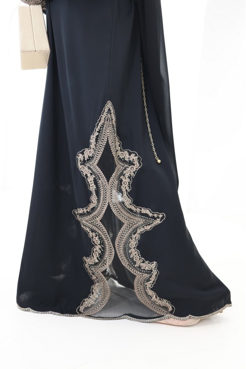 Abaya Dubaï kimono dentelles avec boutons de pression noir et bronze