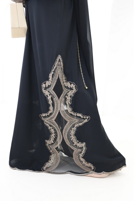 Abaya Dubaï kimono dentelles avec boutons de pression noir et bronze