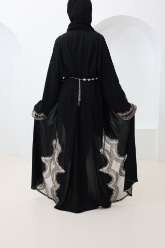 Dubai kimono abaya with black and bronze lace and snap buttons 2