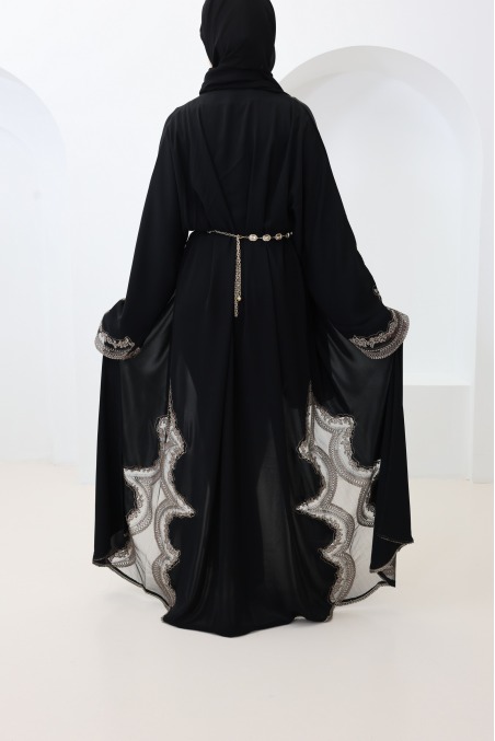 184 Dubai Kimono-Abaya mit Spitze und Druckknöpfen