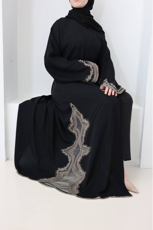 Abaya Dubaï kimono dentelles avec boutons de pression noir et bronze