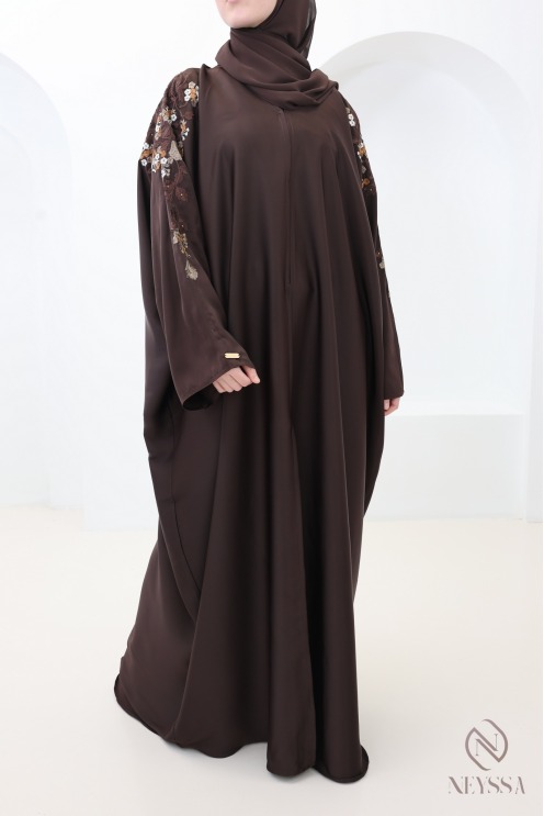 Brown butterfly-cut Dubai kimono abaya with embroidery