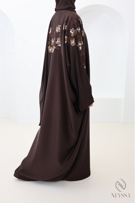 Brown butterfly-cut Dubai kimono abaya with embroidery
