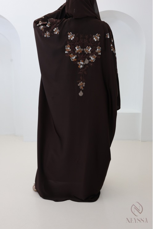 Brown butterfly-cut Dubai kimono abaya with embroidery