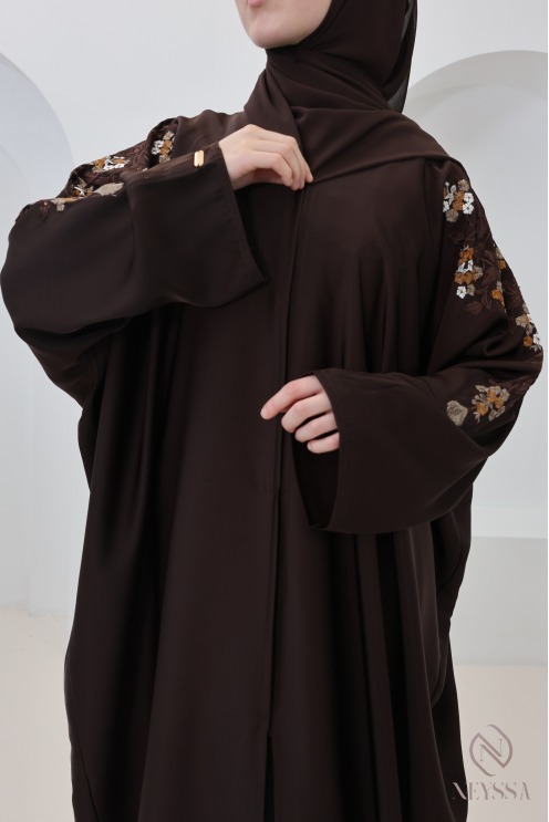 Brown butterfly-cut Dubai kimono abaya with embroidery