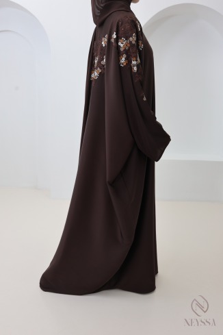 Brown butterfly-cut Dubai kimono abaya with embroidery