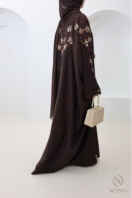 Brown butterfly-cut Dubai kimono abaya with embroidery
