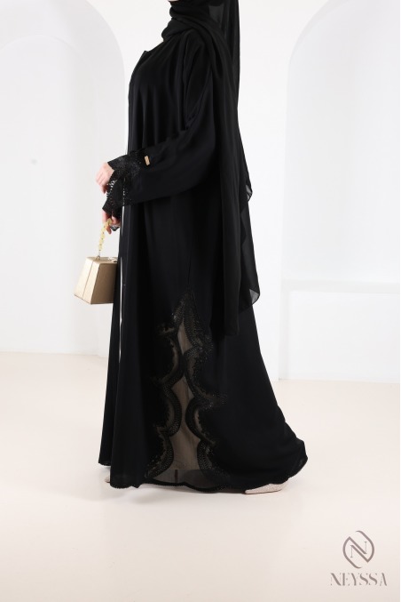 Abaya Dubaï kimono avec broderie en dentelles noir must have Aïd