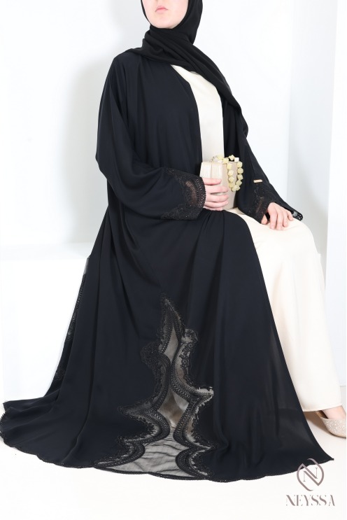 Abaya Dubaï kimono avec broderie en dentelles noir must have Aïd